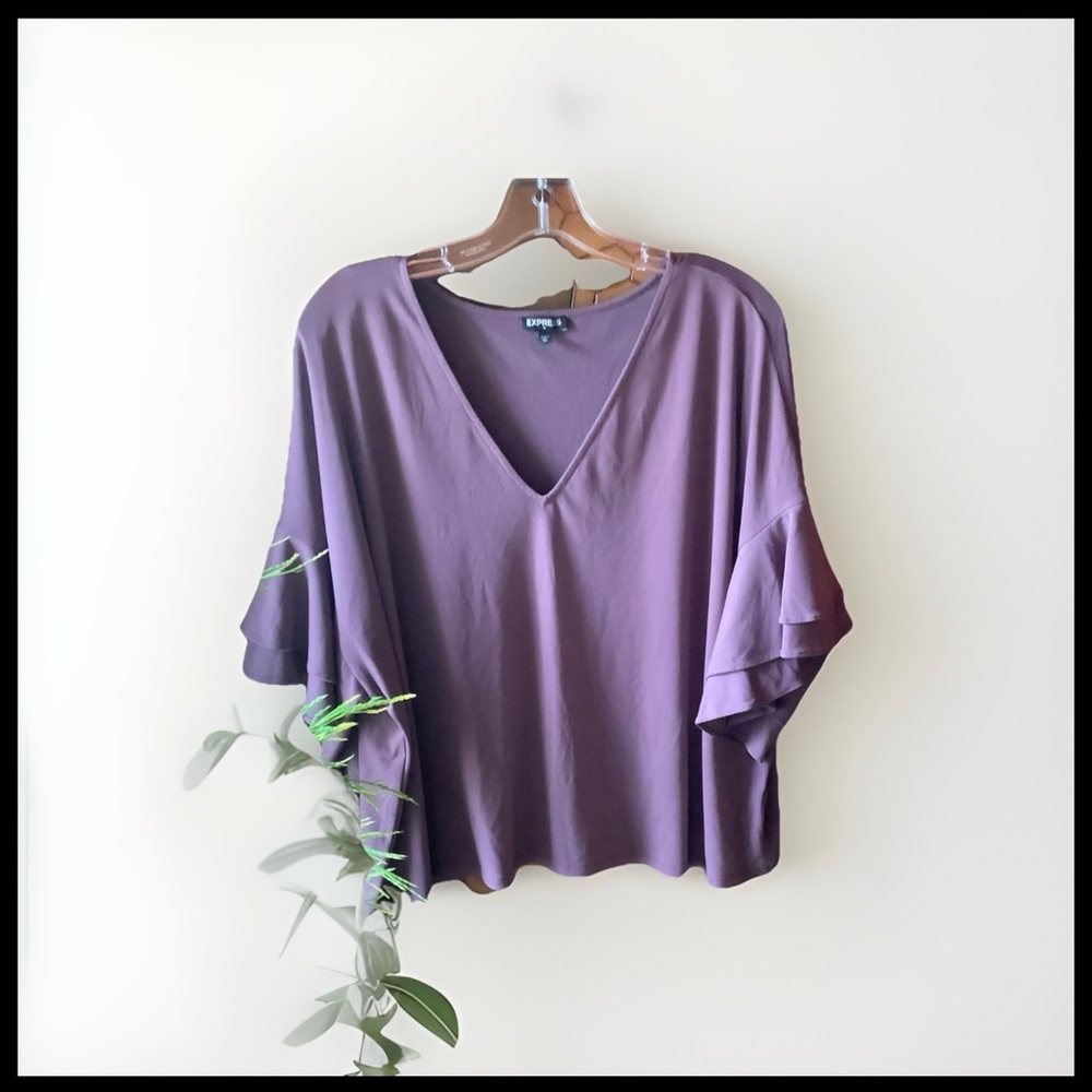 Express Purple V-Neck Flutter Sleeve Blouse